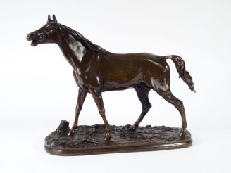 Vente aux enchères P.J MENE, "L'étalon". Sculpture en bronze à patine brune, signée et da