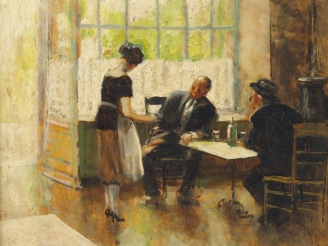 Vente aux enchères Jules René HERVE "Au café". Huile sur carton, signée en bas à droite. 