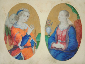 Vente aux enchères Ecole française début XIXème "L'Annonciation". Paire de gouaches sur p