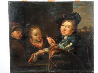 Vente aux enchères Ecole du Nord XIXème 'Le billet'. Huile sur panneau. 32 x 37,5 cm