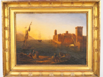 Vente aux enchères Ecole française début XIXe	  'Entrée de port'. Huile sur toile, cadre 