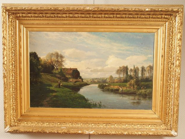 Eugène BERTHELON. 'Paysage lacustre animé'. Huile sur toile, signée en