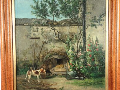 C. COURTIN 'Chien attaché près des roses trémières'. Huile sur toile s