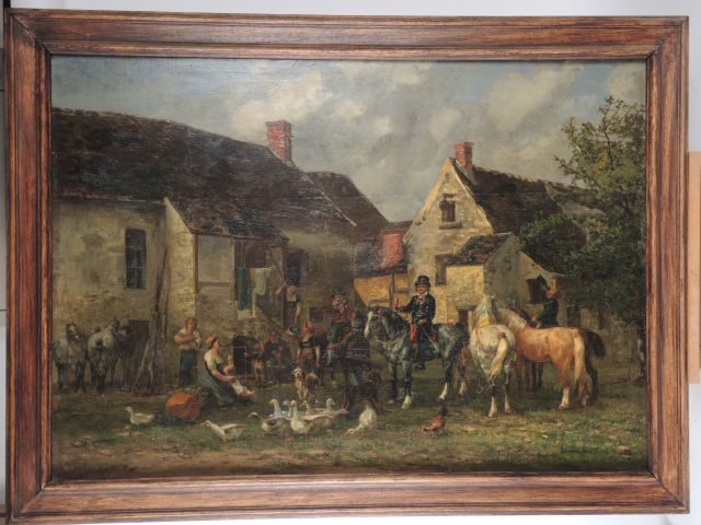 NORMAND-SAINT-MARCEL "La halte". Huile sur panneau signée en bas à dro