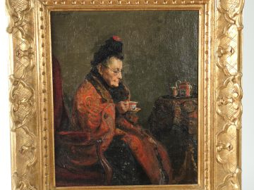 E. SELMY "A l'heure du thé". Huile sur toile signée en haut à gauche e