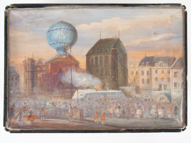 Boite XVIIIème en argent, ornée de six gouaches figurant l’envol du ba