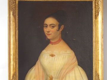 Ecole française XIX ème 'Portrait d'élégante à la robe de soie blanche