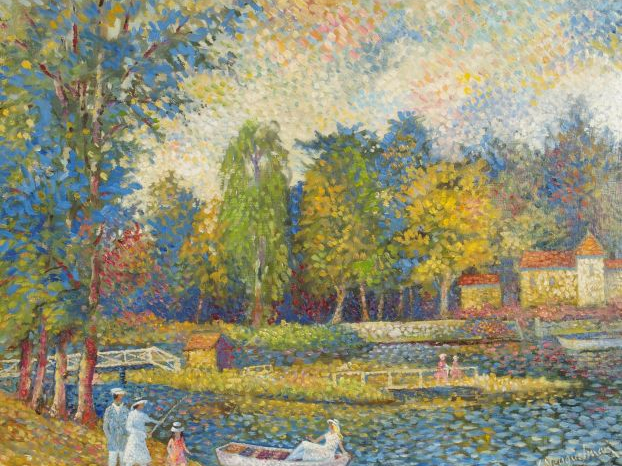 NEUQUELMAN "Bords de Marne". Huile sur panneau d'isorel, signée en bas