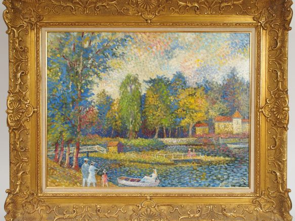 NEUQUELMAN "Bords de Marne". Huile sur panneau d'isorel, signée en bas