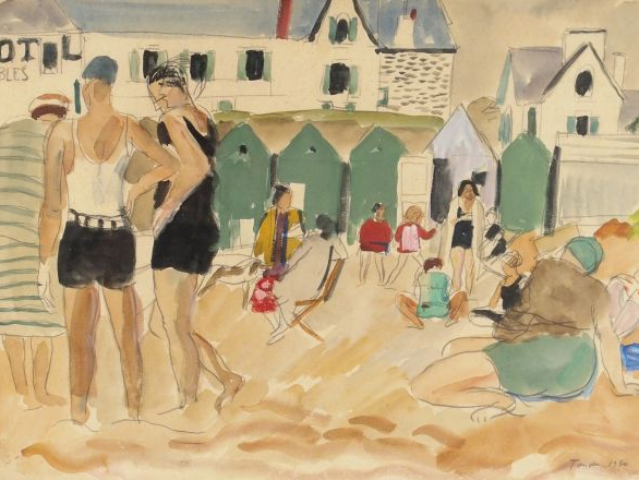 TONDU "Sur la plage". Aquarelle, signée en bas à droite et datée 1930.
