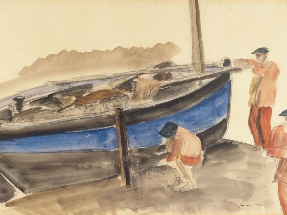 TONDU "Pêcheurs bretons". Aquarelle, signée en bas à droite et datée 1