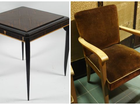 Table à jeux 1940 en placage d'ébène de macassar, bois noirci et filet
