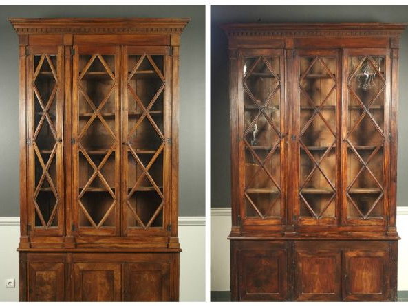 Deux bibliothèques de style Directoire en bois naturel, ouvrant à 3 po