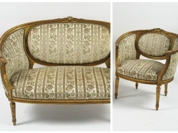 Mobilier de salon de style Louis XVI en bois sculpté et doré comprenan
