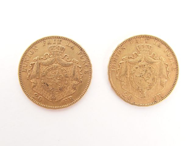 2 pièces de 20 Francs or, Leopold II, 1874 et 1877. Poids: 12,8gr
