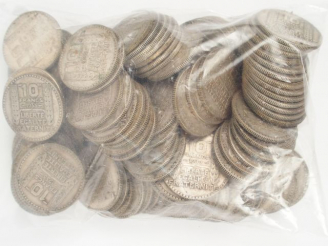 Vente aux enchères 112 pièces de 10 Francs argent, République Française. 1,2kg environ