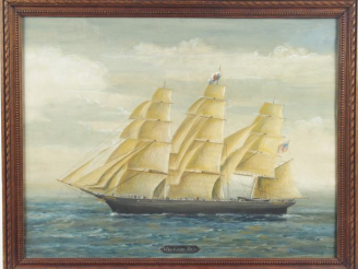 Vente aux enchères Ecole française XIXe, " Navire américain ". Gouache, monogrammée en ba
