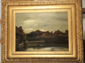 Vente aux enchères Ecole française XIXe, " L'écluse ". Huile sur toile, dans un cadre en 