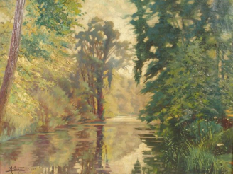 Vente aux enchères Augustin LESAGE, "Paysage lacustre ". Huile sur toile, signée en bas à
