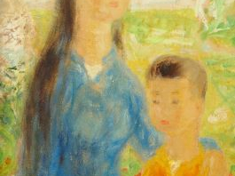 Vente aux enchères Le PHO, " Mère et son enfant ". Huile sur isorel, signée en bas à gauc