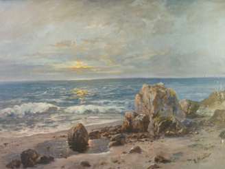 Vente aux enchères E. MOELLER, " Paysage de bord de mer ". Gouache, signée en bas à droit