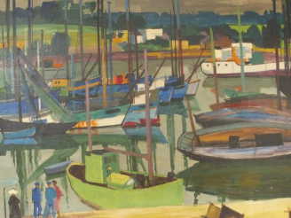 Vente aux enchères Jean MONNERET, " Le port de pêche ". Huile sur toile, signée en bas à 