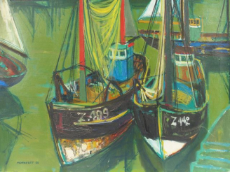 Vente aux enchères Jean MONNERET, " Bâteaux de pêche ". Huile sur toile, signée en bas à 