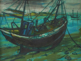 Vente aux enchères Jean MONNERET, " Bâteaux à marée basse ". Huile sur toile, signée en b
