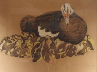 Vente aux enchères Hélène RIVIERE, " Canne et ses canetons ". Aquarelle, signée en bas à 