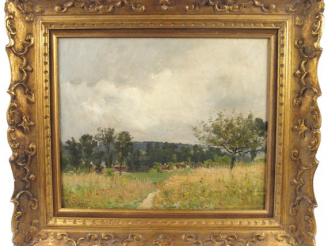 Vente aux enchères P. SCHMITT, " Paysage au sentier ". Huile sur toile, signée en bas à g