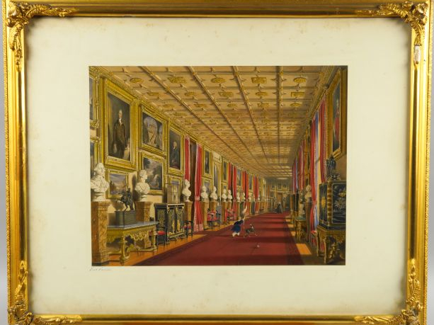 Suite de six gravures XIXème en couleur 'Intérieur de château anglais'