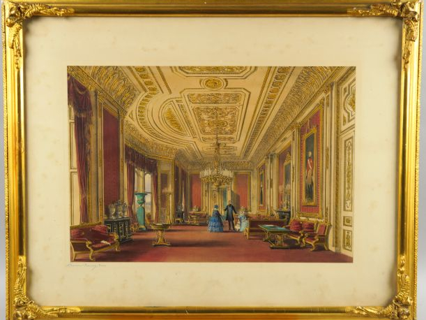 Suite de six gravures XIXème en couleur 'Intérieur de château anglais'