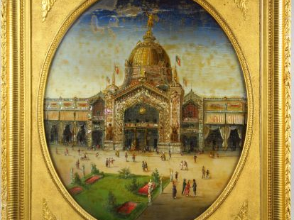 Ecole française fin XIXe. 'Le Grand Palais à Paris'.  Fixé sous verre.