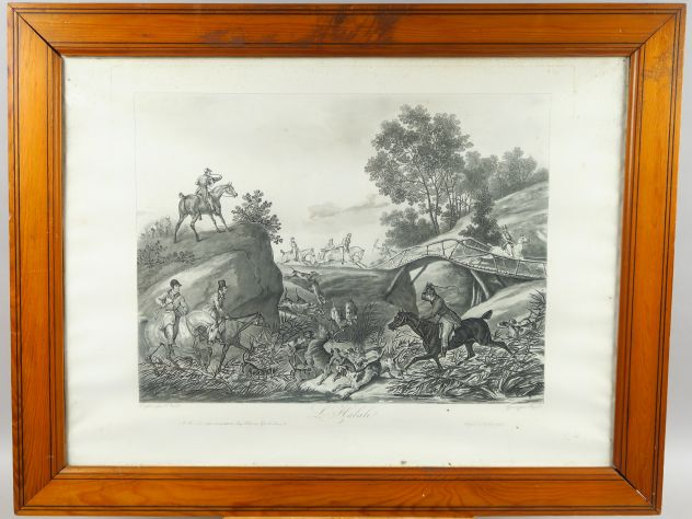 Paire de gravures en noir 'Le départ' et 'L'halali', cadres en pich pi