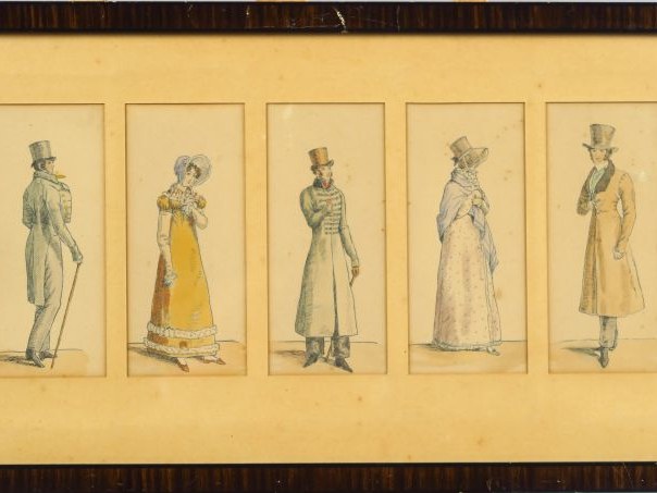 Paire de gravures en couleur 'Personnages du XIXe'.