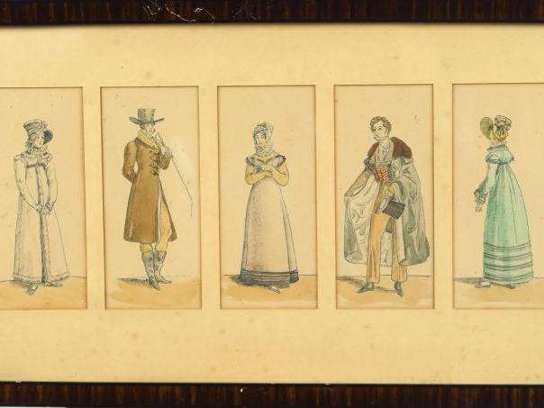 Paire de gravures en couleur 'Personnages du XIXe'.
