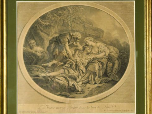 Paire de gravures en noir 'Scènes galantes'.