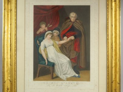 Suite de quatre gravures XIXe en couleurs. 'Maladies d'amour. Dans leu
