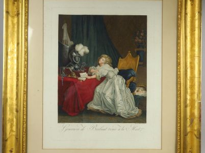 Suite de quatre gravures XIXe en couleurs. 'Maladies d'amour. Dans leu