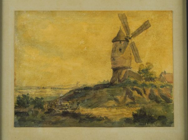 Ecole française XIXe. 'Paysage au moulin'.  Aquarelle.  Dim. : 20,5 x 