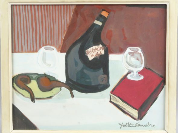 Yvette CAUDIE 'Nature morte à la bouteille d'Armagnac' Gouache, signée