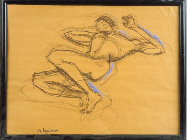 Raymond ESPINASSE 'Etude de nu'. Dessin au fusain, cachet de l'atelier