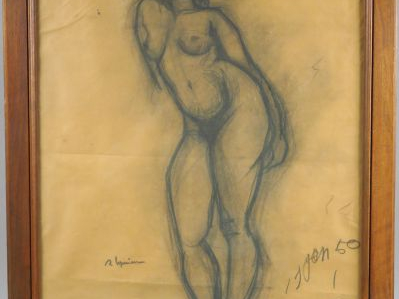 Raymond ESPINASSE 'Etude de nu'. Dessin au fusain, cachet de l'atelier