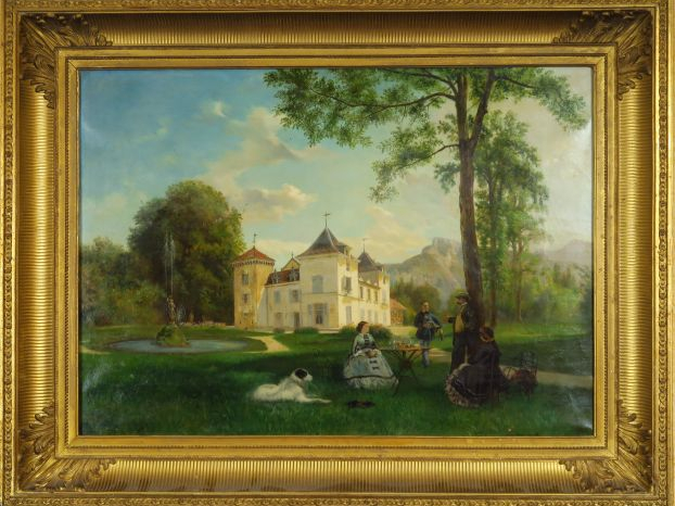 D. RAHOULT. 'Collation dans un parc'.  Huile sur toile, signée en bas 