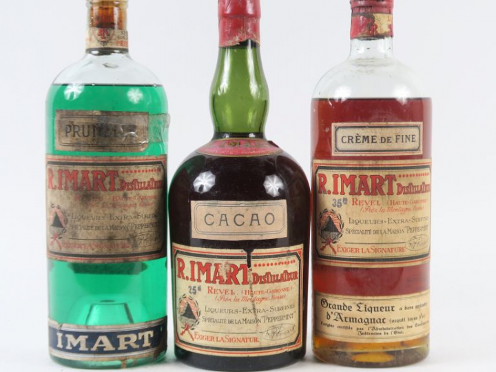 3 VIEILLES BOUTEILLES R. IMART : 1 CRÈME DE FINE - 1 PRUNELLE - 1 CACA
