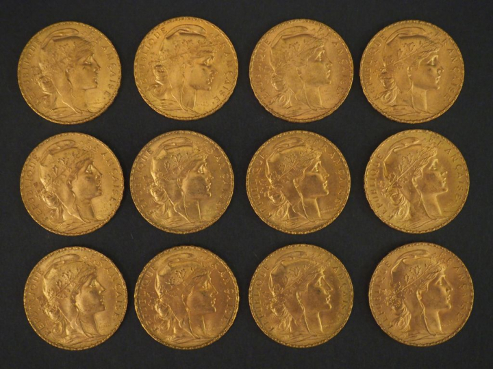 12 pièces de 20 Francs or, 1909 FRAIS ACHETEUR : 10 % HT   