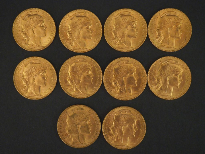 10 pièces de 20 Francs or, 1908 FRAIS ACHETEUR : 10 % HT   