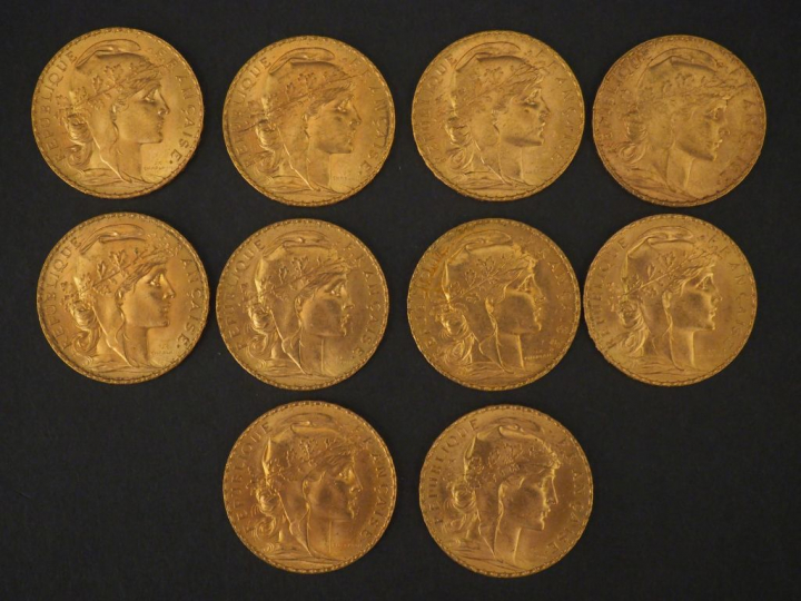 10 pièces de 20 Francs or, 1908 FRAIS ACHETEUR : 10 % HT   