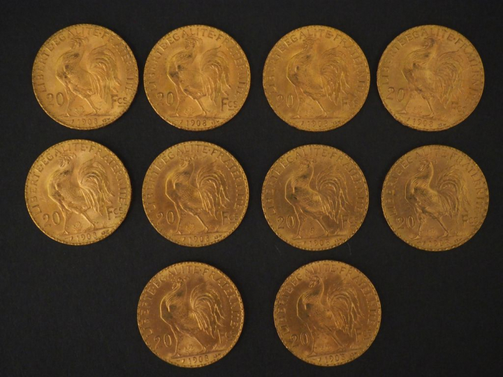 10 pièces de 20 Francs or, 1908 FRAIS ACHETEUR : 10 % HT   
