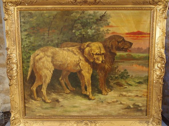 CHAMBRE 1 Ecole XIXème "Les deux chiens". Huile sur toile. Dim. : 85 x